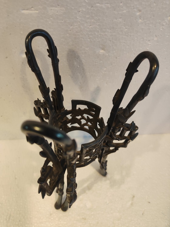 Image 1 of Jarrón Christofle de estilo japonés, monoflore de bambú en vidrio craquelado y "bambú" de bronce plateado.