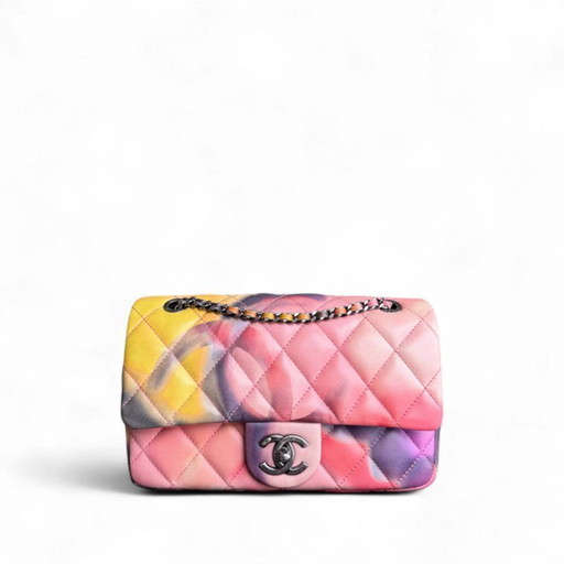 Borsa Chanel Classic Flap Small - Edizione limitata in pelle di agnello trapuntata Flower Power con finiture nere, serie 21