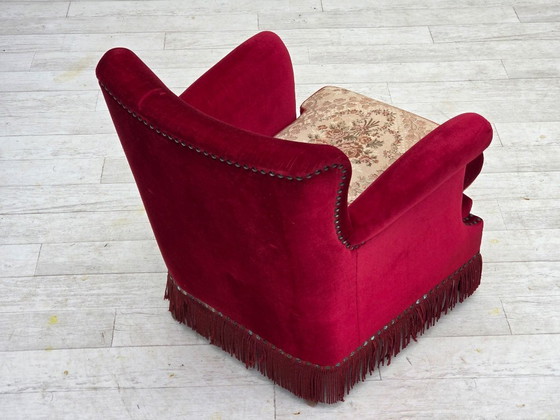 Image 1 of 1970s, Danish armchair, red furniture velour, ash wood.