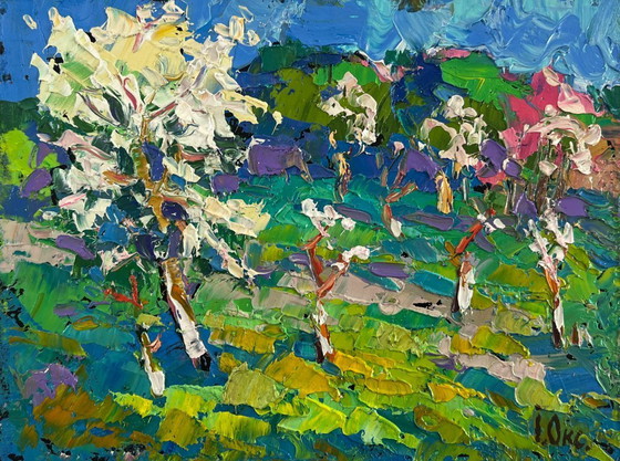 Image 1 of Original Oil Painting Flower Trees Landscape Blooming spring garden