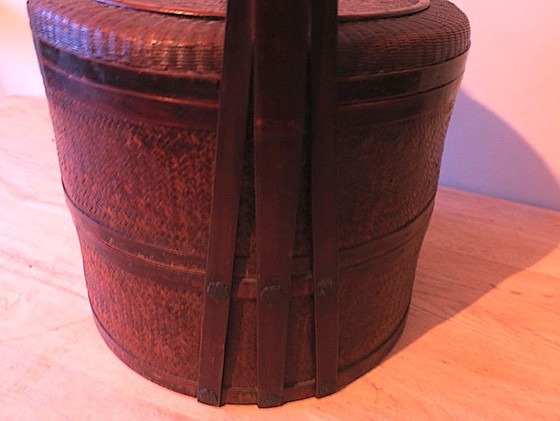 Image 1 of Antieke mand van hout en rotan met 3 vakken, 1900