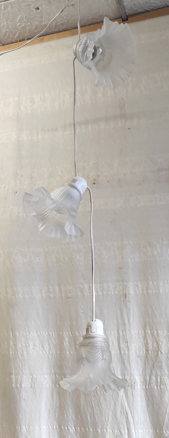 Image 1 of Tre lampade a sospensione a forma di tulipano in pasta di vetro - metà del XX secolo