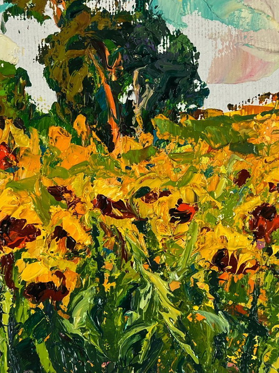 Image 1 of Peinture à l'huile originale, paysage naturel, tournesols d'été dans un champ