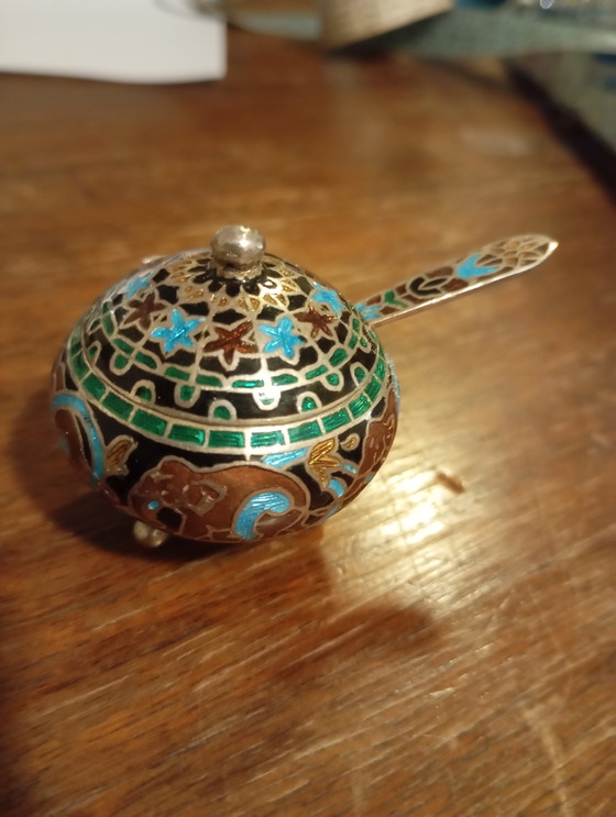 Image 1 of Saliera vintage asiatica in argento, cloisonné.