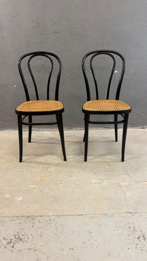 Een paar gebogen houten stoelen, met Weense rieten zittingen, jaren 60, Polen
