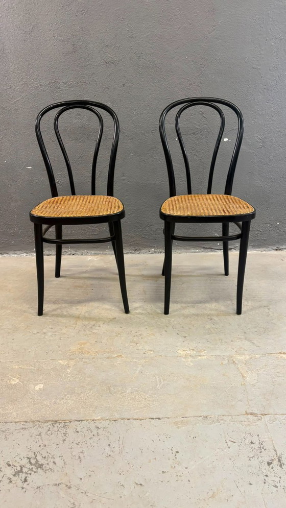 Image 1 of Een paar gebogen houten stoelen, met Weense rieten zittingen, jaren 60, Polen