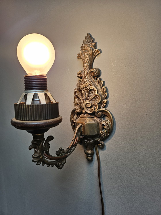 Image 1 of Lampade da parete in stile rococò francese, bronzo con paralumi in pelle