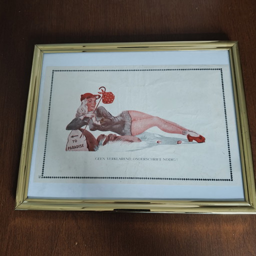 Originele vintage pin-up magazinepagina – "Schokkend" – Authentieke magazine-illustratie – Ingelijst – 21 × 26 cm