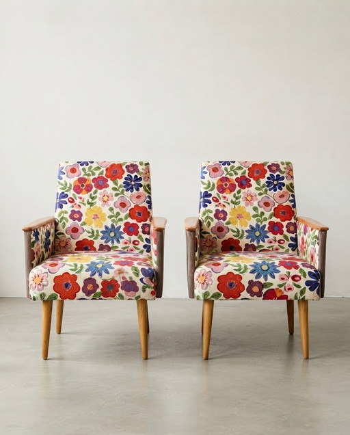 Mid-Century Modern Fauteuils met bloemenpatroon, set van 2