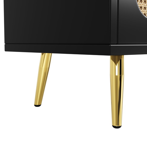 Image 1 of Urban Meuble zwart rotan dressoir met 4 deuren en gouden handgrepen en pootjes, 120 x 30 x 89 cm, STUGMAN