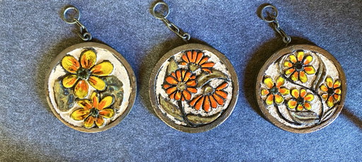 Set of 3 ceramic wall decorations, mural flowers, 70s vintage Jan van Erp