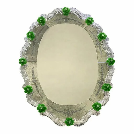 Image 1 of Venetian Murano Glass Oval Floral Wall Mirror – Hand-Carved Italian Art