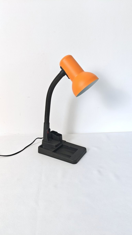 Vintage Orange Gooseneck Desk Lamp, 1990s Memphis Style Task Light, Organizer Base