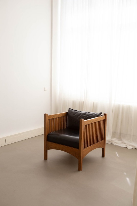Pair of Stickley Mission Style Armchairs 1990s Wide & Sculptural Design, Bijenkorf, Wood, Black (photo 2 of 5)