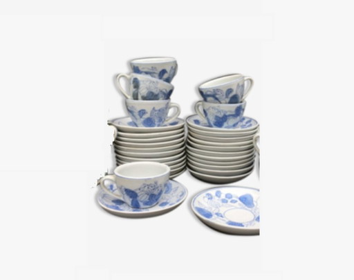 Juego de 6 tazas y posavasos de porcelana azul