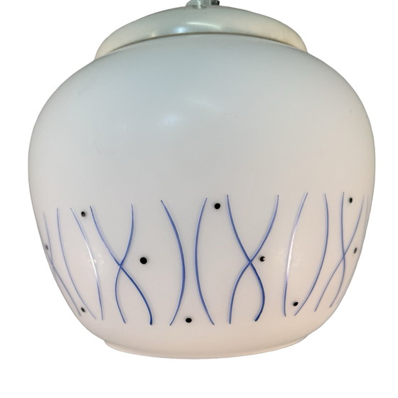 Image 1 of Ca. 1950’s MCM Pendant lamp - Frosted / semi translucent white glass with blue motive - Including ceiling mounted canopy - Easte
