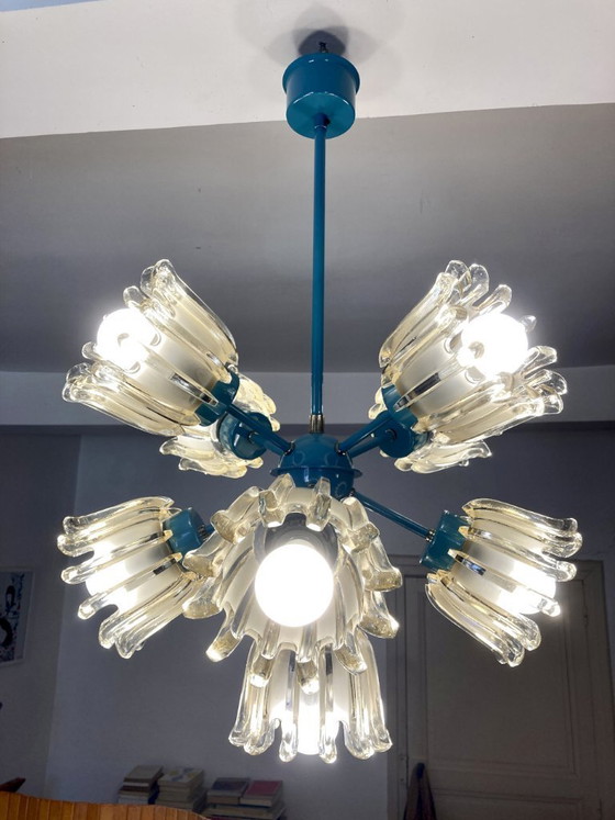 Image 1 of Large 9-light chandelier in molded glass and turquoise metal, Leclaire & Schäfer – 1960s