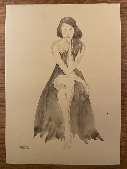 Aquarell Sepia Weibliches Porträt "Das Schwarze Kleid"