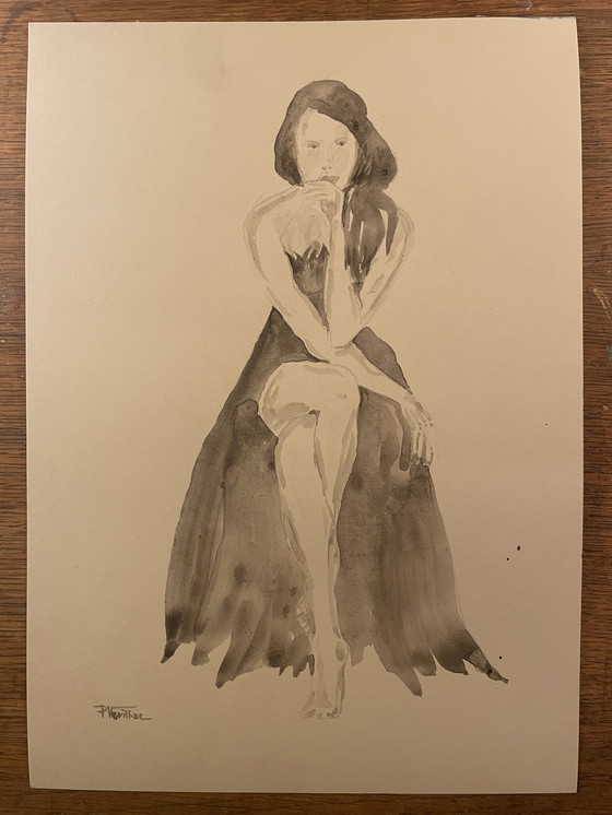 Image 1 of Watercolor Sepia Portrait of a Woman "La Robe Noire" (The Black Dress)