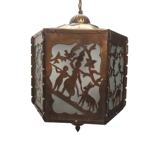 Image 1 of Lampada a sospensione antica in ottone traforato e segato, inizio XX secolo