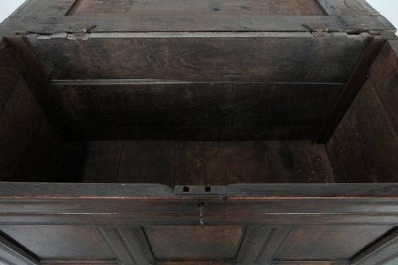 Image 1 of Large antique panelled English oak chest from the 18th century