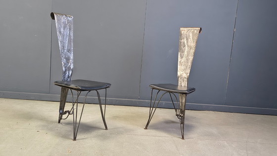 Image 1 of Handgemaakte eethoek van staal en steen, jaren 70 - vintage eethoek - handgemaakte eethoek - postmoderne eettafel en stoelen