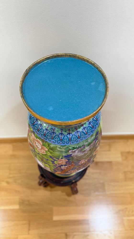 Image 1 of Monumental Chinese Cloisonné Vase - 84 cm With Base - Jingtai Blue Enamel - Impeccable