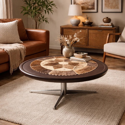 Vintage round coffee table with loose patchwork of cowhide