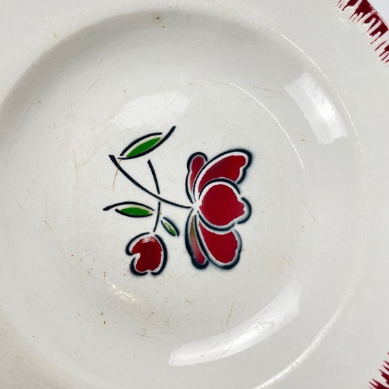 Image 1 of Set of 6 porcelain soup plates, Badonviller, red flower, 1950