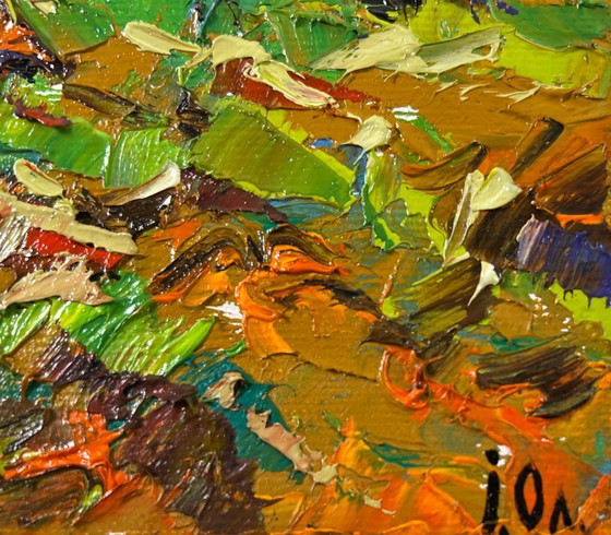 Image 1 of Original Oil Painting Evening Village Landscape Autumn gardens