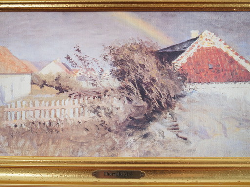 Peinture "L'arc-en-ciel sur le village", design scandinave, années 1960