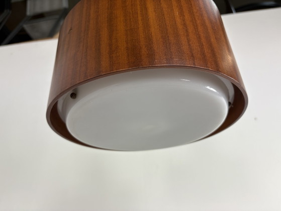 Image 1 of Temde Leuchten teak wood wooden veneer & plexiglas acrylic pendant hanging light lamp mid century modern 1970s seventies Swiss