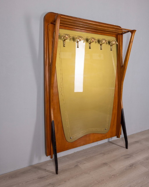 Perchero de pared vintage de los años 50 en madera y cristal decorado, diseño italiano.