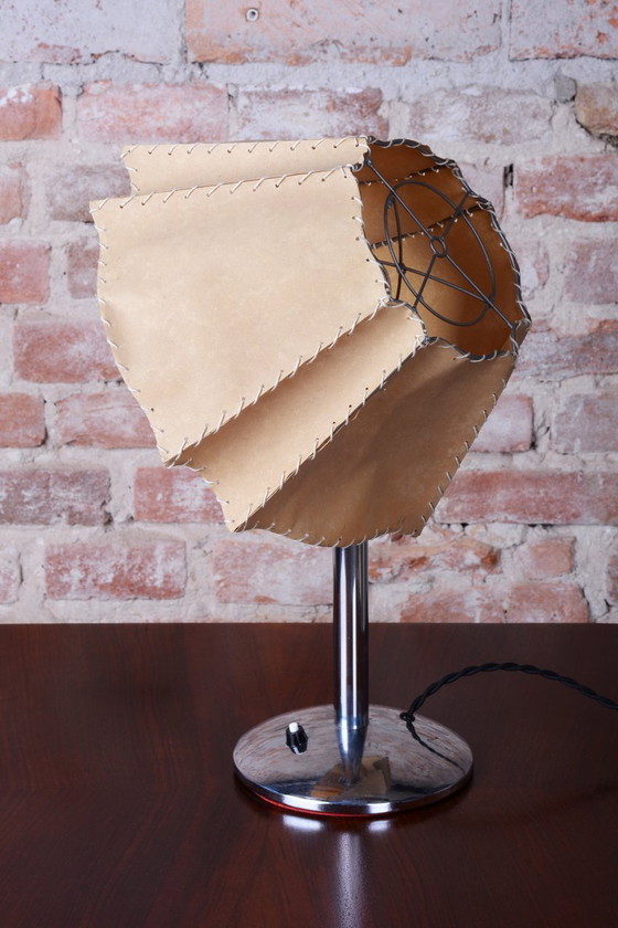 Restored Bauhaus Table Lamp, Chrome-Plated Steel, Parchment, Czech, 1930s – Metal, Paper (photo 8 of 12)