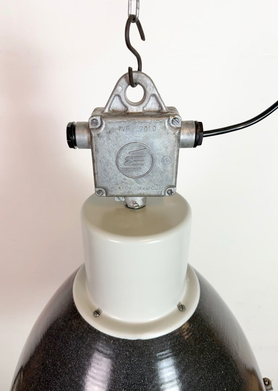 Image 1 of Large Industrial Black Enamel Factory Lamp with Glass Cover, 1960s