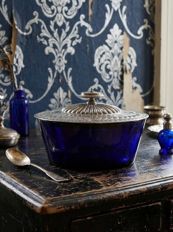 Image 1 of Victorian bonbonnière, attributed to George T. & Co., cobalt glass and silver-plated metal, 19th century