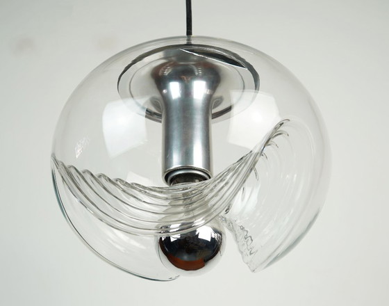 Image 1 of elegant peill & putzler mid century PENDANT LAMP 'wave' clear glass chrome 1960s organic shape