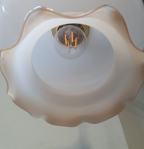 Vintage Glazen Hanglamp - Decoratie Rand - Parelmoer Effect. – Hanglampen, Metal (photo 13 of 13)