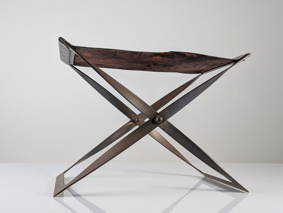 Image 1 of Folding Steel and Leather Stool, Denmark 1960s