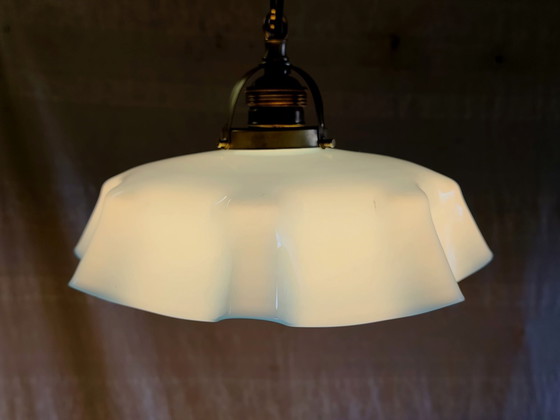 Vintage blue opaline and gilded brass Pendant lamp - mid-20th century, Glass (photo 6 of 8)