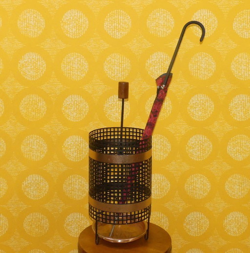Précieux porte-parapluies années 60 Grille métallique/cuivre/teck