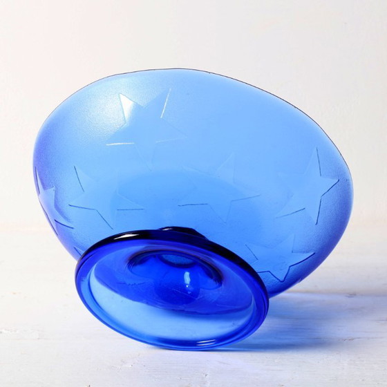Image 1 of Blue Pressed Glass Pedestal Bowl with Stars Pattern / Italy / 2000s