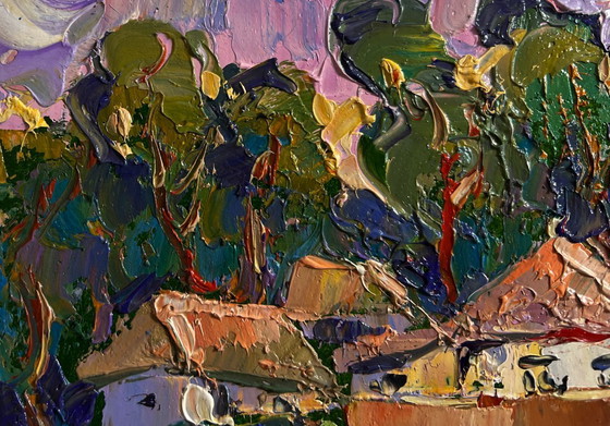 Image 1 of Originales Ölgemälde: Sommerhäuser, Landschaft am Dorfrand