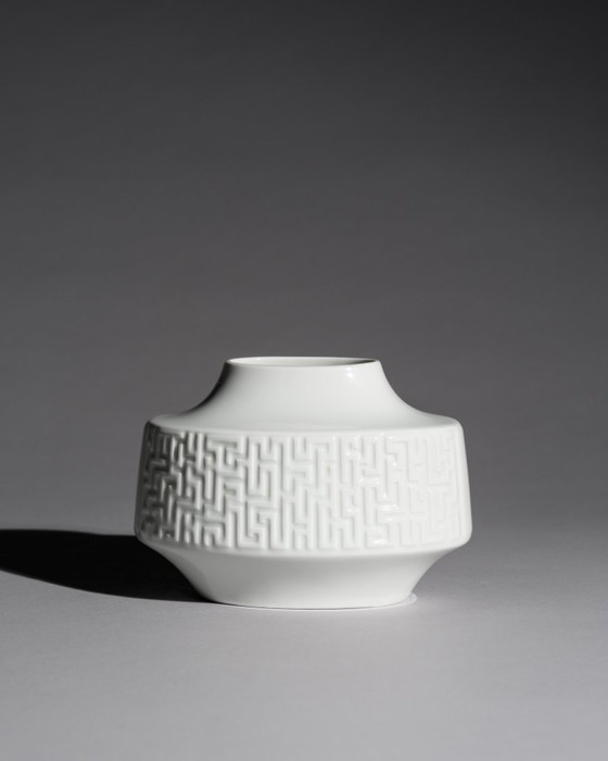 Image 1 of Heinrich Porcelain Vase “Labyrinth” White Relief Porcelain H&C Selb Bavaria 1960