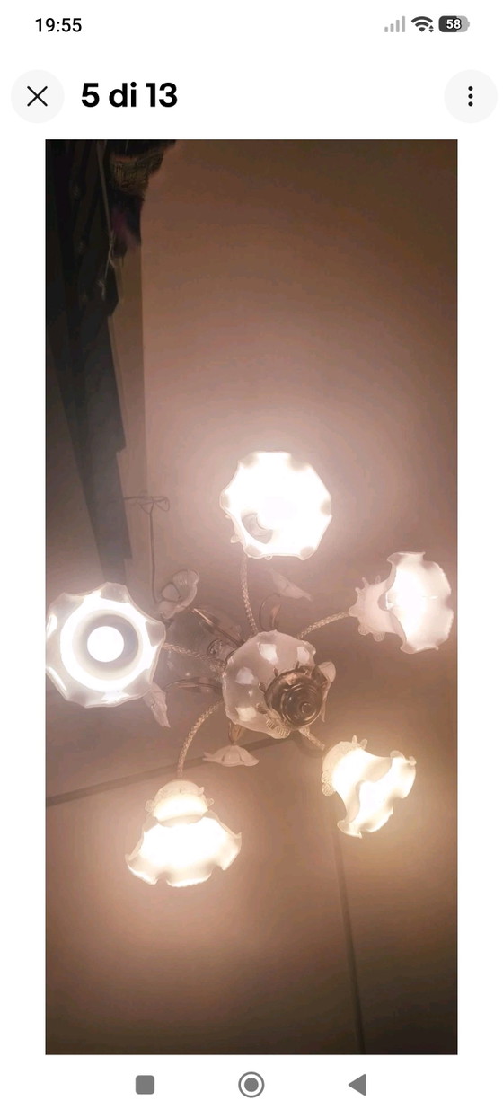 Vintage 5-Light Murano Style Chandelier in Brass and White Glass – Murano Glass (photo 5 of 9)