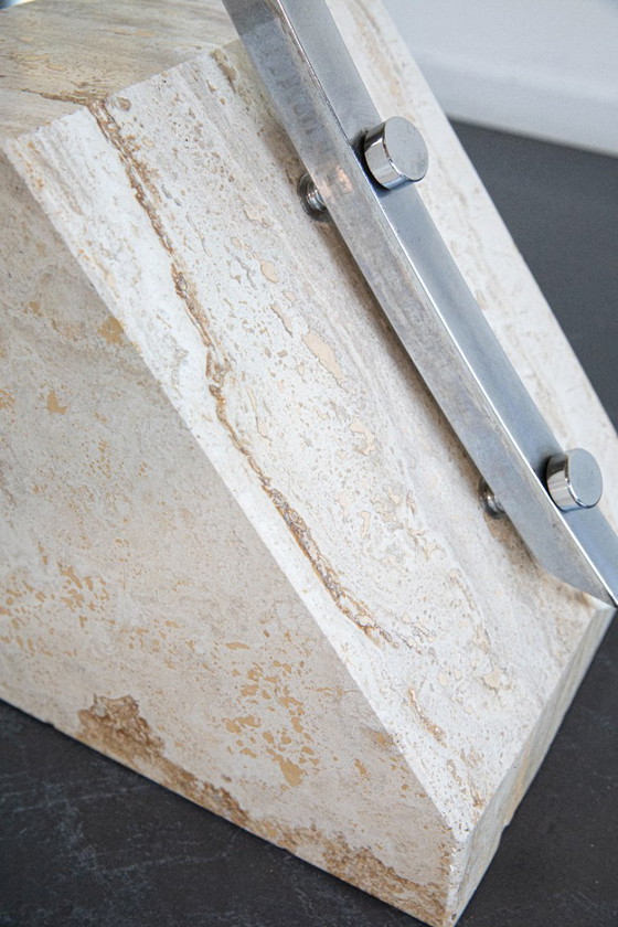 Image 1 of Mid-century arc floor lamp – travertine base – chrome stem – 1970s