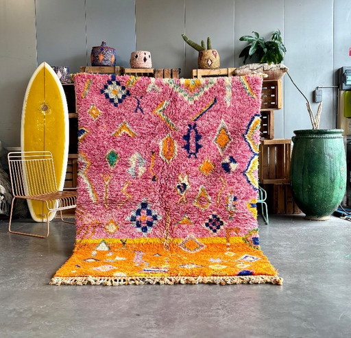 Pink and Orange Moroccan Berber Rug 150x200 cm – Handwoven Boujad Wool Carpet – vloerkleden en tapijten, Vintage