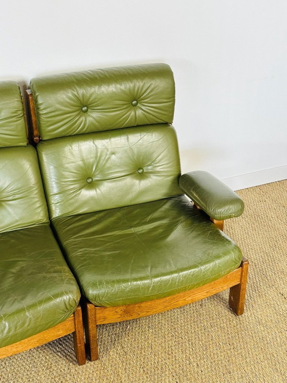 Image 1 of Scandinavian sofa in green leather and oak, 1960, Set of 3