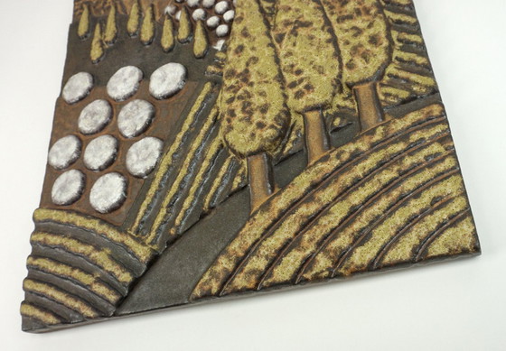 Image 1 of Majolika Karlsruhe - Gran panel de pared de cerámica con paisaje de cipreses, años 70, modelo n.º 7854, Dietmar Liedke