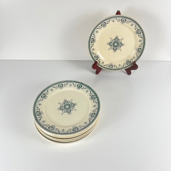 Image 1 of Set van 8 "Admiral" dessertborden van ijzersteen, Creil & Montereau, groenblauw, eind 19e eeuw